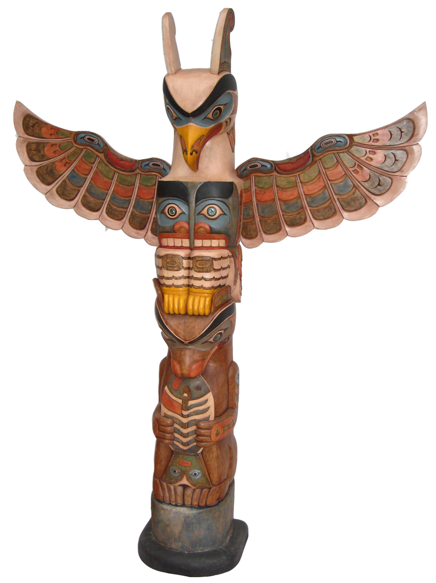 SPECTACULAR 3 FIGURE TOTEM POLE WITH RAVEN, BEAR AND SALMON. POLE MEASURES  103 TALL X 18 WIDE - Able Auctions